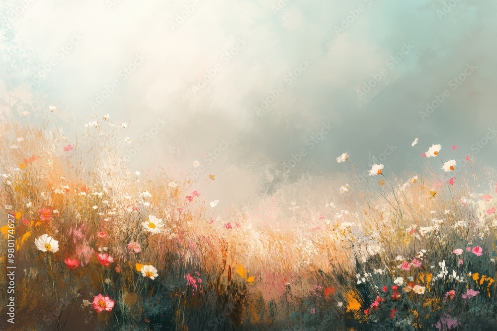 A Painting of a Field of Flowers Against a Hazy Sky A Painting of a Field of Flowers Against a Hazy Sky