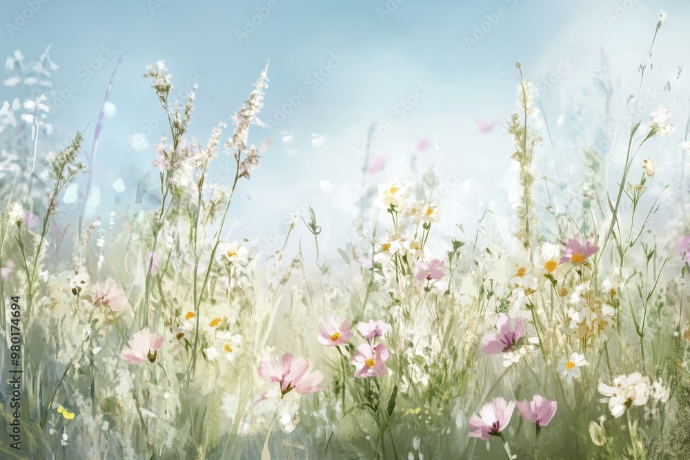 Watercolor Painting of White and Pink Flowers in a Field Watercolor Painting of White and Pink Flowers in a Field