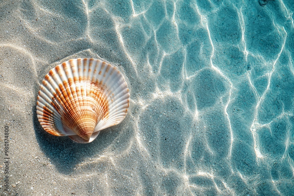 Top down view of a seashell on a beach, with crystal clear water, beautiful, highly detailed Top down view of a seashell on a beach, with crystal clear water, beautiful, highly detailed