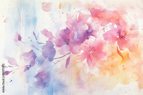 Abstract Watercolor Painting of Pink and Purple Flowers