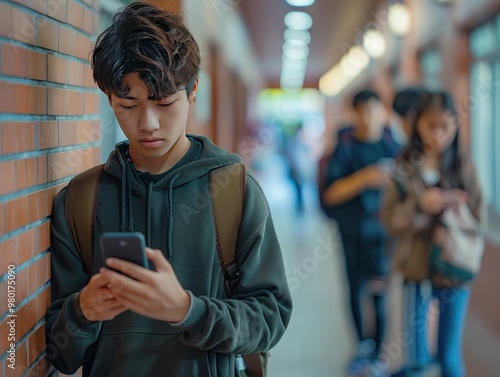 Asian Teen Focused on Phone: School hallway, casual hoodie, background blurred.
