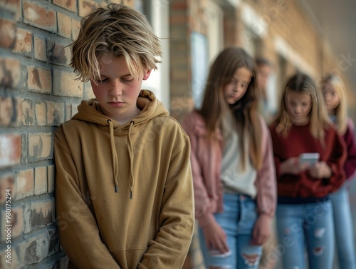 Emotional School Moment: Boy against brick wall, blurred gossiping girls. 