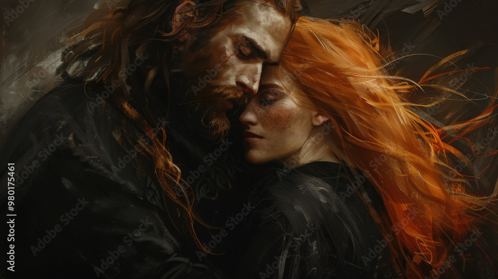 A tranquil couple, she with wavy light orange hair in black, he with a dark beard, both dressed in black, share a thoughtful gaze. Their expressions and visible brushwork create a peaceful scene. A tranquil couple, she with wavy light orange hair in black, he with a dark beard, both dressed in black, share a thoughtful gaze. Their expressions and visible brushwork create a peaceful scene.