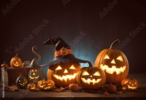 A group of carved jack-o'-lanterns with glowing faces, a witch's hat, and other Halloween decorations on a wooden surface against a dark background  photo