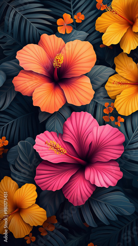 Wallpaper Mural Tropical orange, yellow and pink hibiscus flowers with green leaves botanical background  Torontodigital.ca