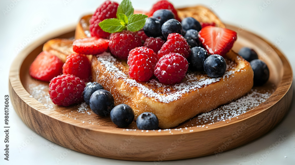 Delicious French toast topped with fresh berries and a sprinkle of powdered sugar, served on a wooden plate.