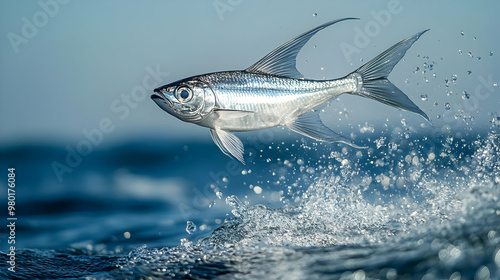 A stunning fish leaps from the ocean surface, creating splashes in the sparkling blue water, showcasing nature's vibrant beauty.