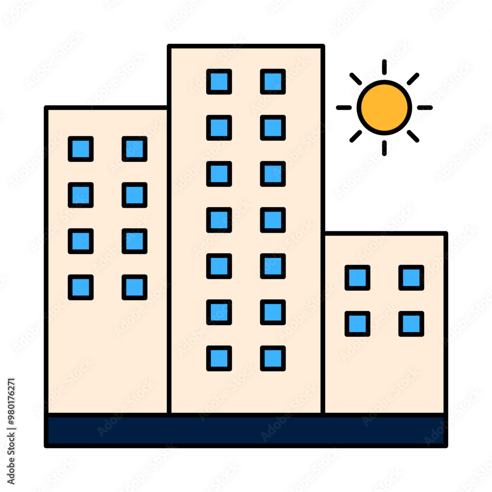 company building of office workspace and business with filled icons company building of office workspace and business with filled icons
