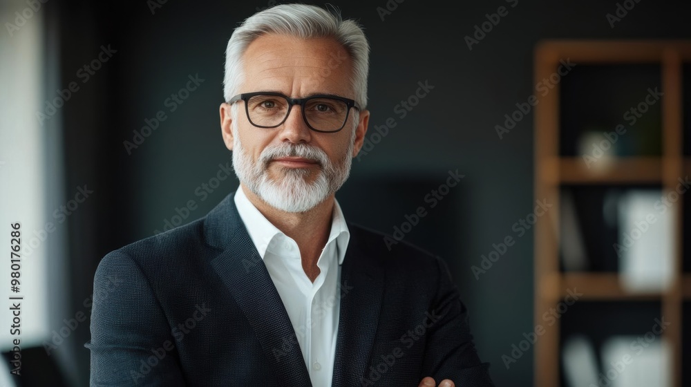 Confident mature businessman with gray hair and beard in a suit, standing in modern office with arms crossed, professional demeanor. Confident mature businessman with gray hair and beard in a suit, standing in modern office with arms crossed, professional demeanor.