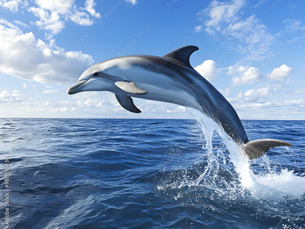 Fototapeta premium A lively dolphin leaps gracefully above the ocean surface against a backdrop of clear skies and soft clouds.
