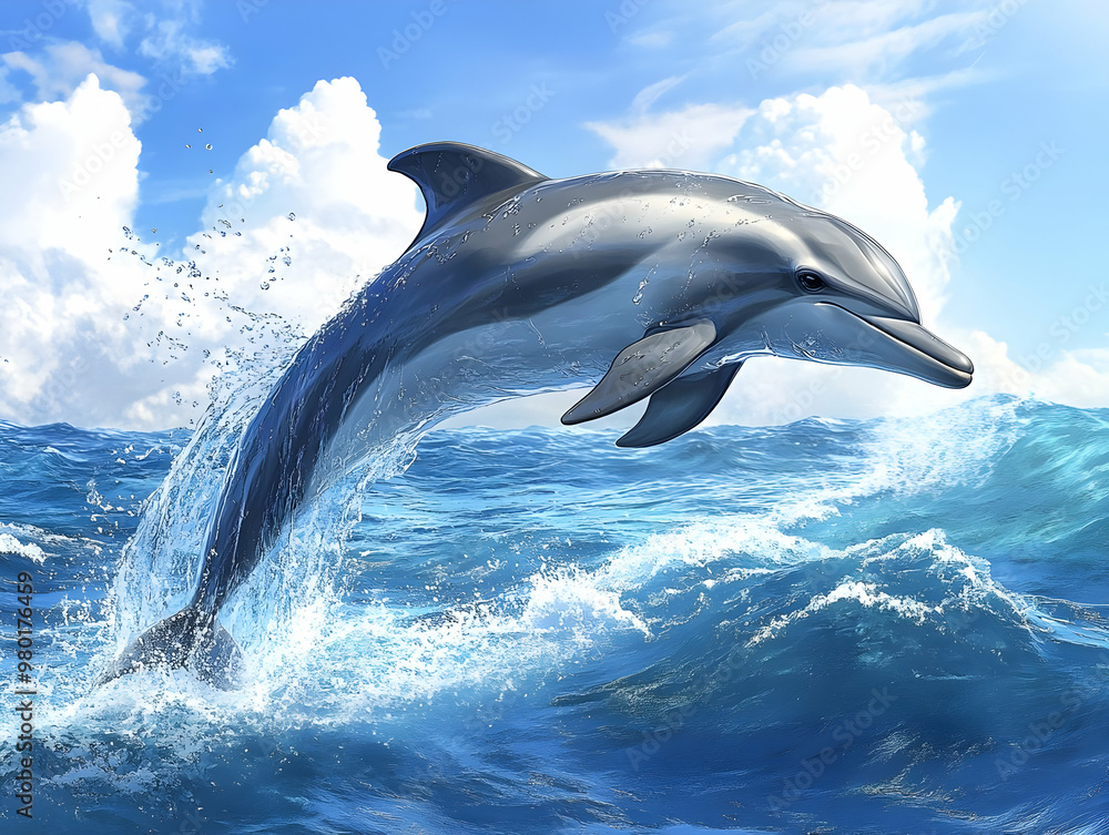 Obraz premium A magnificent dolphin leaps gracefully from the ocean waves, showcasing its agility against a backdrop of blue skies and fluffy clouds.