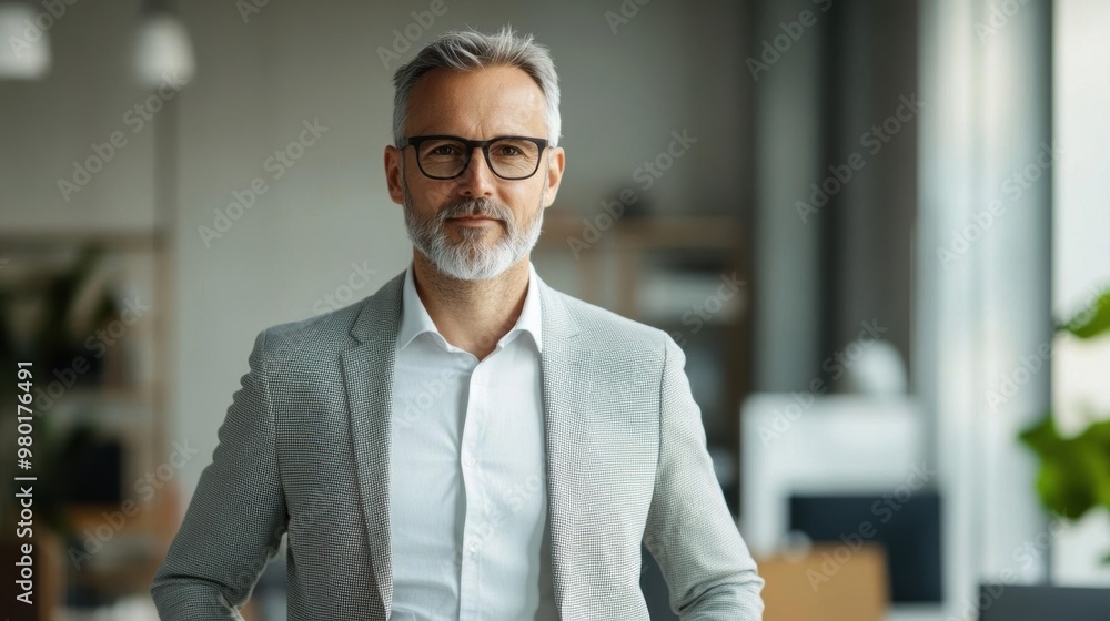 Fototapeta premium Confident mature businessman in a light grey suit and glasses, standing in a modern office environment, looking directly at the camera.
