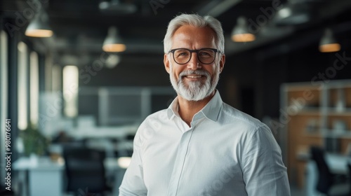 Confident senior businessman with glasses and grey hair, smiling in modern office space. Professional attire, bright and industrial workspace.