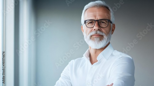 Confident senior businessman with arms crossed, wearing glasses and a white shirt, standing by a window in a modern office.