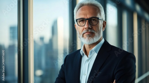 Confident mature businessman with glasses standing by office window overlooking cityscape, reflecting leadership and success.