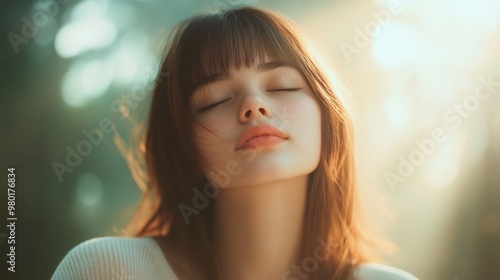 A serene portrait of a woman with closed eyes, evoking tranquility and connection with nature in soft lighting.