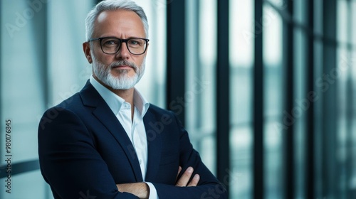 Confident senior businessman with glasses standing in modern office corridor, arms crossed, looking at camera, professional and thoughtful.