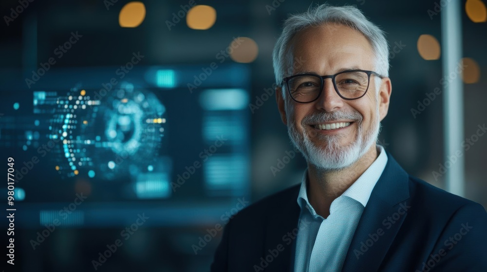 Smiling mature businessman in a modern office with a digital interface on screen, showcasing technology and professionalism. Smiling mature businessman in a modern office with a digital interface on screen, showcasing technology and professionalism.