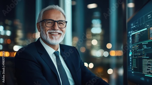 Elderly businessman in glasses, smiling while working on a computer in an office at night with a blurred cityscape in the background.