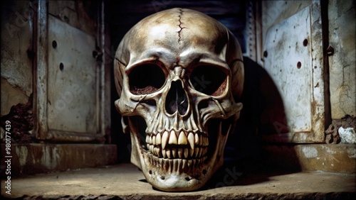 A Human Skull with Exposed Teeth in a Dark Setting