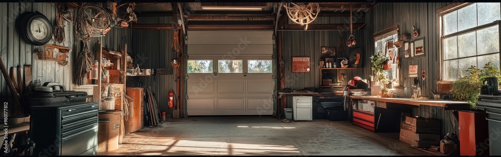 A spacious garage filled with tools, workbenches, and natural light, ideal for DIY projects. A spacious garage filled with tools, workbenches, and natural light, ideal for DIY projects.