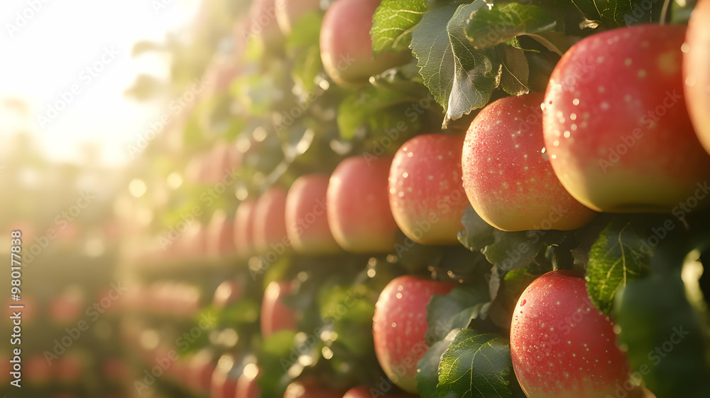 Fresh apples hang from trees in a sunlit orchard, glistening with dew, showcasing nature's bounty and vibrant colors. Fresh apples hang from trees in a sunlit orchard, glistening with dew, showcasing nature's bounty and vibrant colors.