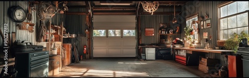 A spacious garage filled with tools, workbenches, and natural light, ideal for DIY projects. photo