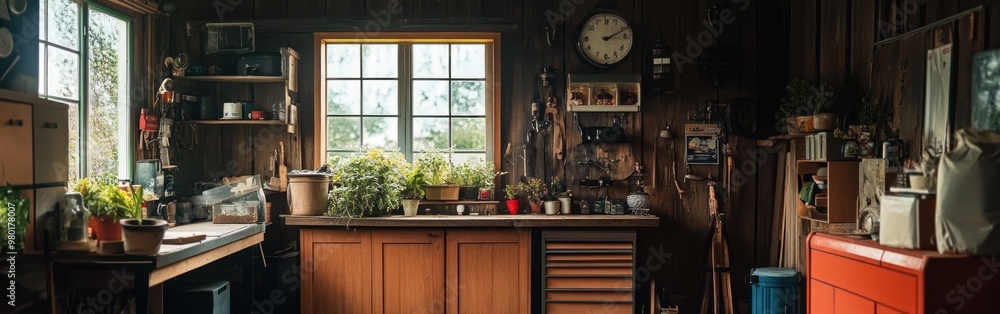 A cozy workshop filled with plants, tools, and woodwork, highlighting a creative space. A cozy workshop filled with plants, tools, and woodwork, highlighting a creative space.