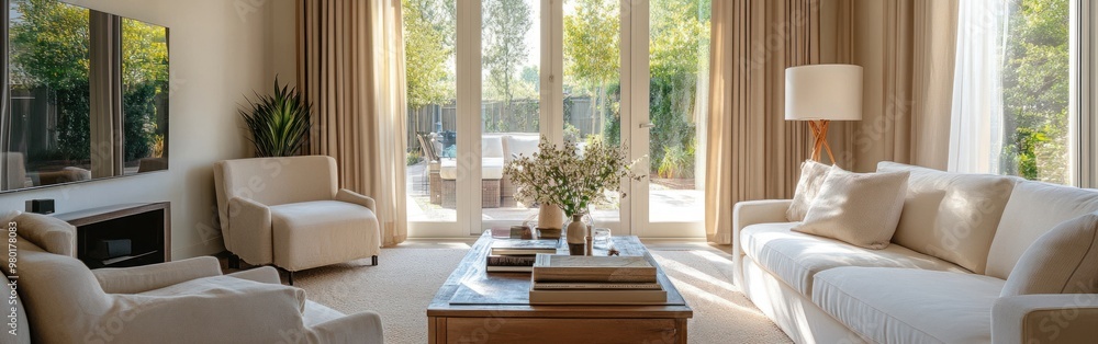 Fototapeta premium A bright, modern living room with comfortable seating and natural light.