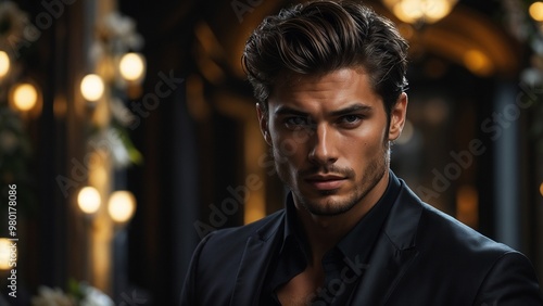 
handsome man in a black suit - heartthrob man - rich man - stylish man. man in black - gentleman - charming man. sexy man.