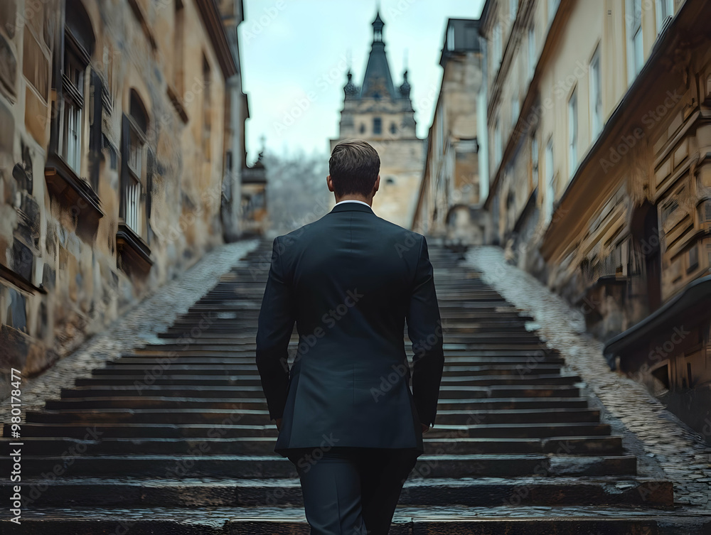A man in a suit ascending stone stairs, framed by historic architecture, embodying ambition and elegance in a serene setting. A man in a suit ascending stone stairs, framed by historic architecture, embodying ambition and elegance in a serene setting.