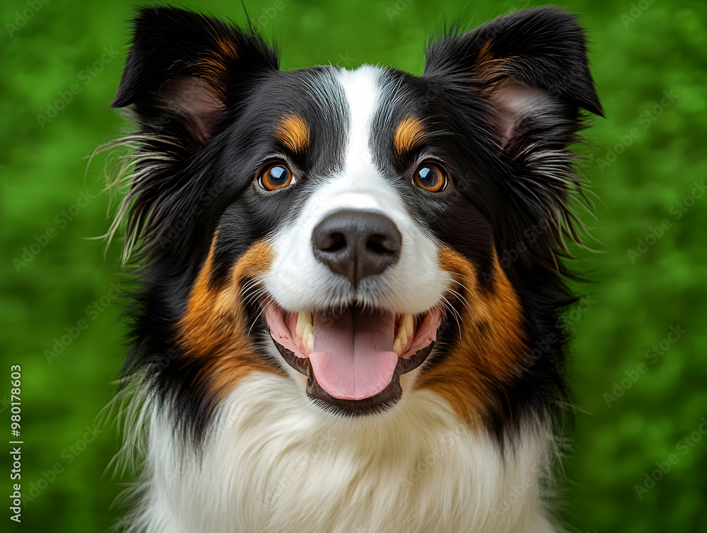 Fototapeta premium A happy dog with a bright smile and striking coat, set against a vibrant green background.