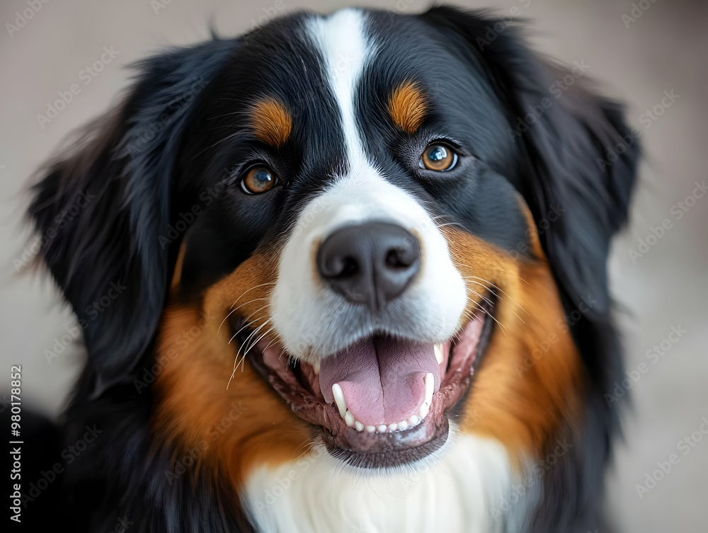 A happy Bernese Mountain Dog with a friendly expression, showcasing its beautiful coat and bright eyes, perfect for pet lovers. A happy Bernese Mountain Dog with a friendly expression, showcasing its beautiful coat and bright eyes, perfect for pet lovers.