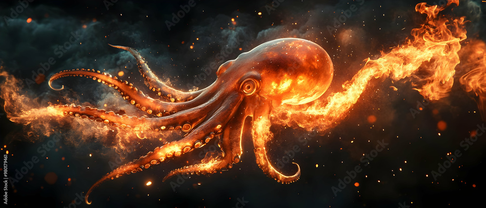 A fiery octopus swims through dark waters, showcasing vibrant flames and captivating details in a stunning underwater scene. A fiery octopus swims through dark waters, showcasing vibrant flames and captivating details in a stunning underwater scene.