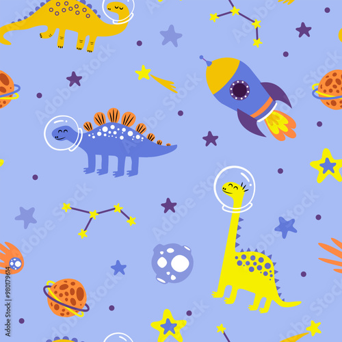 Fototapeta Naklejka Na Ścianę i Meble -  Childish Dinosaurs in the space seamless pattern. Cute colorful cartoon, Dinos around planers and stars in flat style.