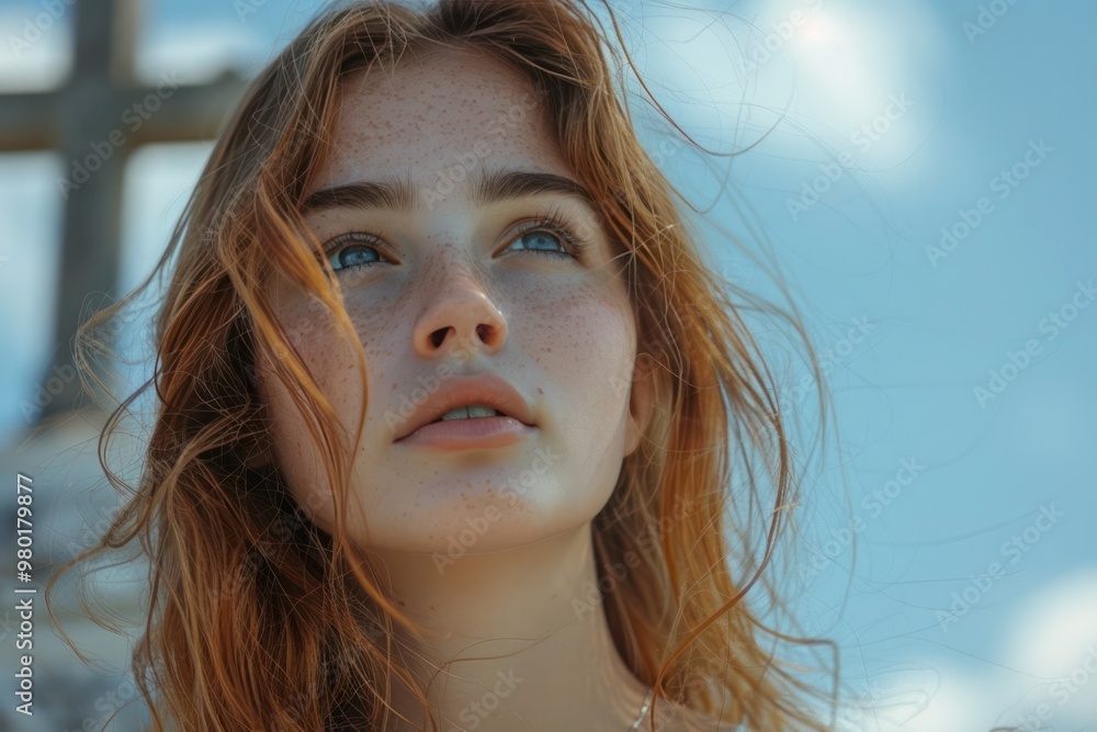 Faithful Young Woman Gazing at Cross Against Sky Background Faithful Young Woman Gazing at Cross Against Sky Background