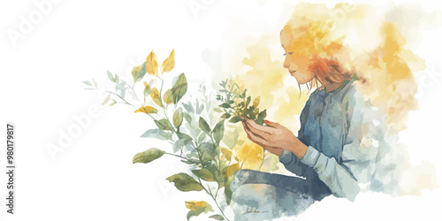 Soft vector watercolor of a woman nurturing plants, symbolizing daily habits of mindfulness and growth in pastel tones.