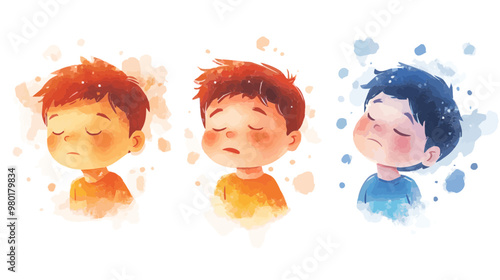 Watercolor art of children in contemplative poses, symbolizing calmness and emotional reflection. Ideal for themes of mindfulness and childhood introspection.