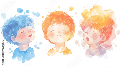 Adorable watercolor illustration of children with different emotions, capturing innocence and playful moments in soft colors.