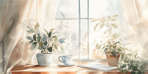 Watercolor still life of plants on a sunlit windowsill, symbolizing tranquility and a simple daily routine of care and mindfulness.