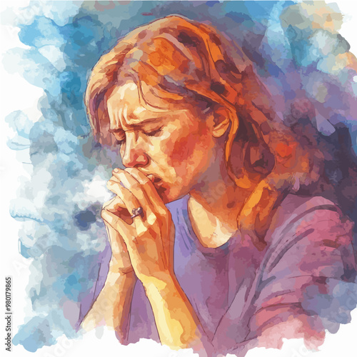 A watercolor-style vector of a woman in distress, symbolizing emotional hardship and contemplation through expressive facial details.