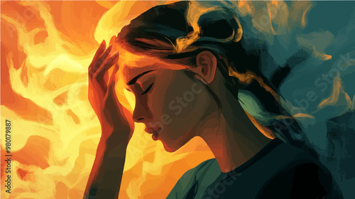 2D illustration of a woman suffering from depression and anxiety, with fiery orange and dark hues representing mental tension and emotional burden.