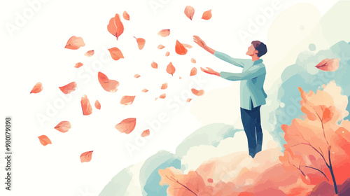 Inspirational illustration of a man releasing leaves into the wind, symbolizing letting go and personal growth. Great for motivational and wellness concepts.