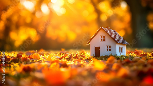 A miniature house surrounded by vibrant autumn leaves, capturing the essence of fall with warm colors and tranquil atmosphere.