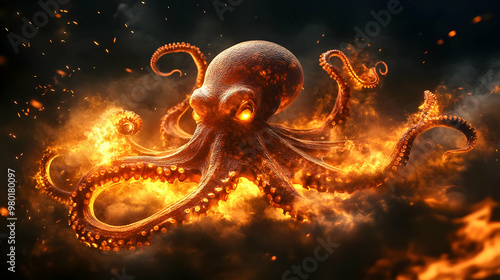 A fiery octopus emerging from flames, symbolizing power and mystery in this captivating underwater scene. photo