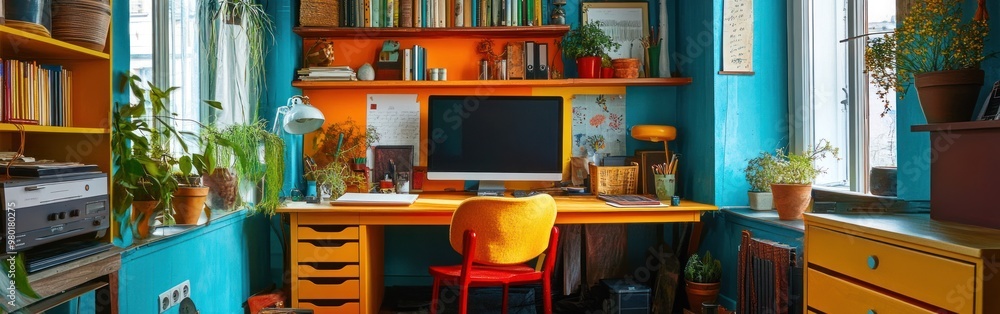 A colorful home office with plants, books, and a computer setup for productivity. A colorful home office with plants, books, and a computer setup for productivity.