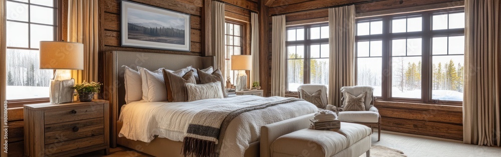 Fototapeta premium Cozy rustic bedroom with natural light and warm decor.