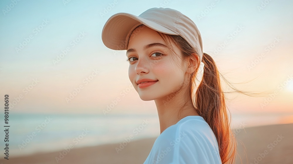 A young woman wearing a baseball cap smiles gently at the sunset beach, capturing the essence of joy and serenity. A young woman wearing a baseball cap smiles gently at the sunset beach, capturing the essence of joy and serenity.