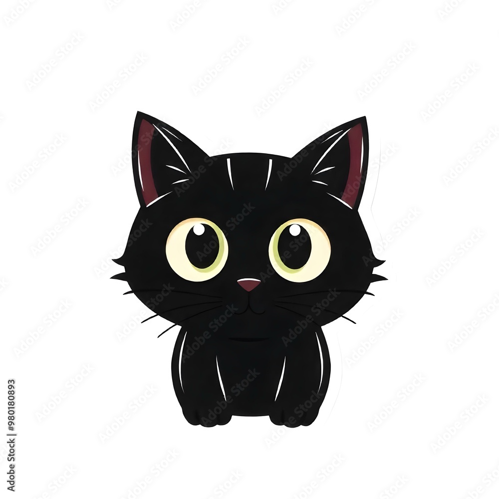 A sticker black cat with large, round eyes against a white background A sticker black cat with large, round eyes against a white background