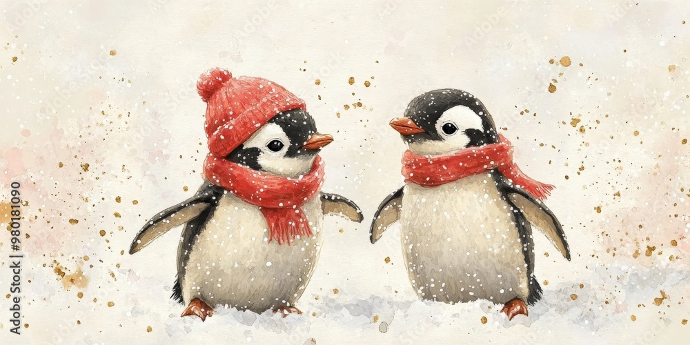 Adorable penguins in Christmas hats and scarves Adorable penguins in Christmas hats and scarves